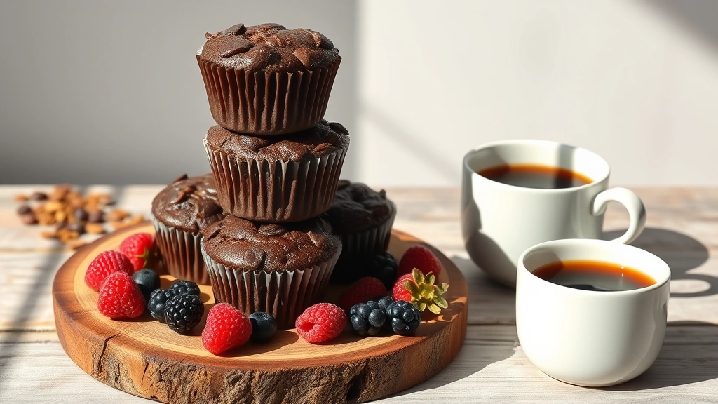 Artfully arranged chocolate muffins stacked and displayed on a rustic wooden board with fresh berries and a cup of hot coffee beside them, afternoon natural light creating shadows, appetizing presentation