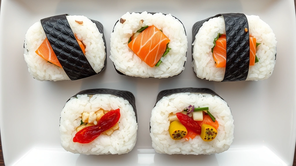 Overhead flat-lay arrangement of six finished onigiri rice balls with different toppings: some wrapped with black nori strips, filled with salmon, umeboshi, and other ingredients visible in cross-section, artfully arranged on white ceramic plate