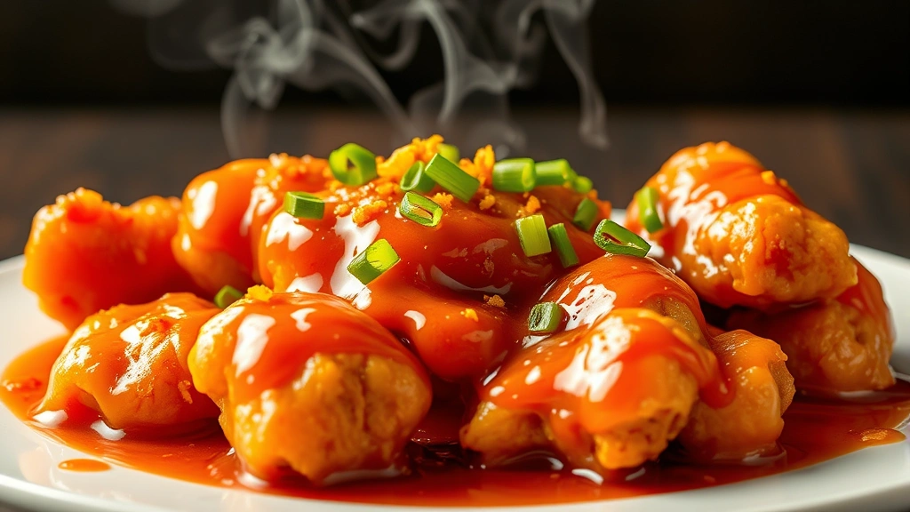 Glossy orange chicken sauce coating crispy golden fried chicken pieces on a white plate, garnished with orange zest and green onions, steam rising gently