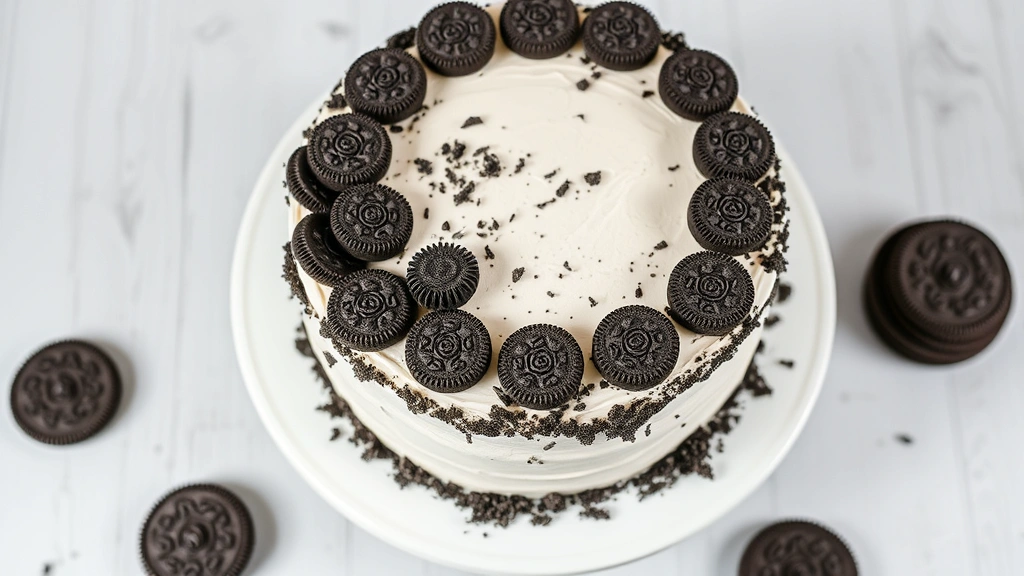 Overhead shot of a fully frosted two-layer Oreo cake decorated with whole Oreo cookies around the edge and crushed cookie crumbles pressed into the sides, elegant presentation on a white cake stand