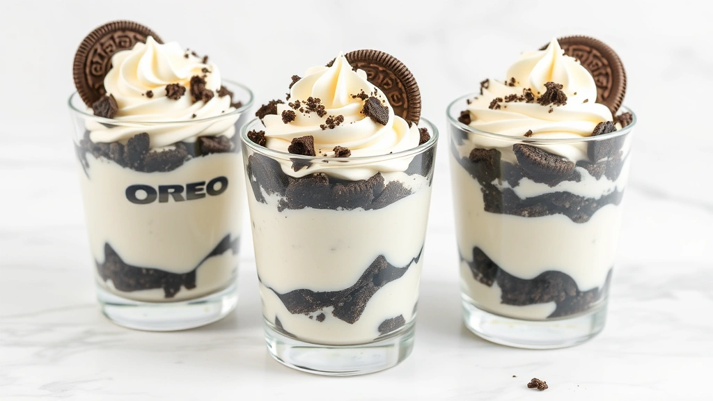 Three individual glass cups filled with layered Oreo fluff dessert, topped with crushed Oreo cookies and whipped cream dollops, arranged on a marble surface with fresh overhead lighting