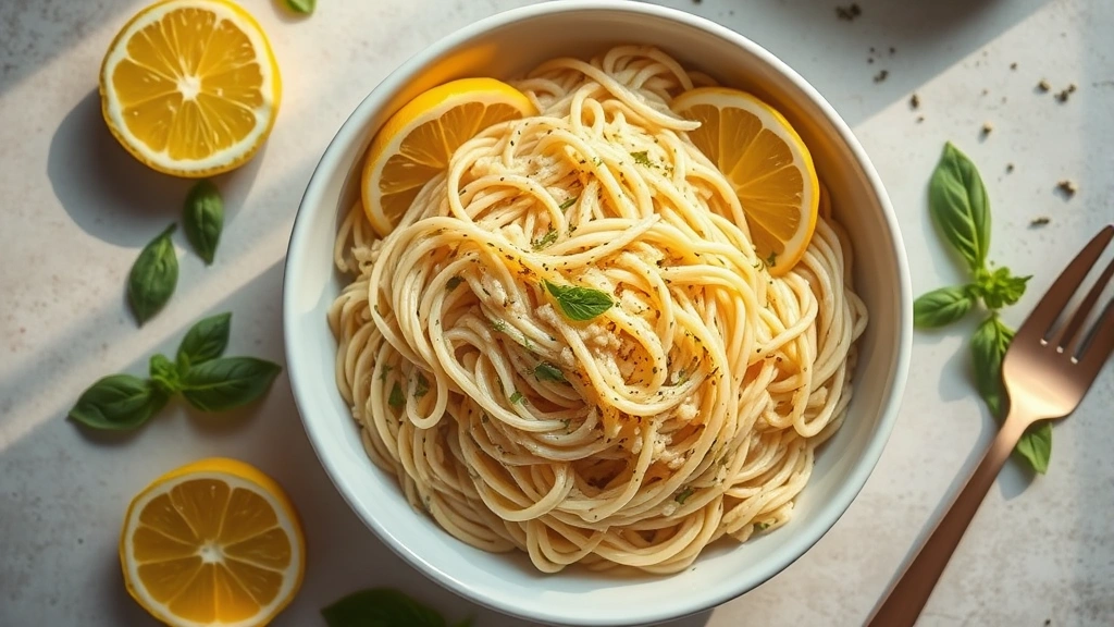 Overhead view of creamy orzo pasta in white ceramic bowl with fresh lemon wedges and basil leaves scattered around, warm golden lighting from side window