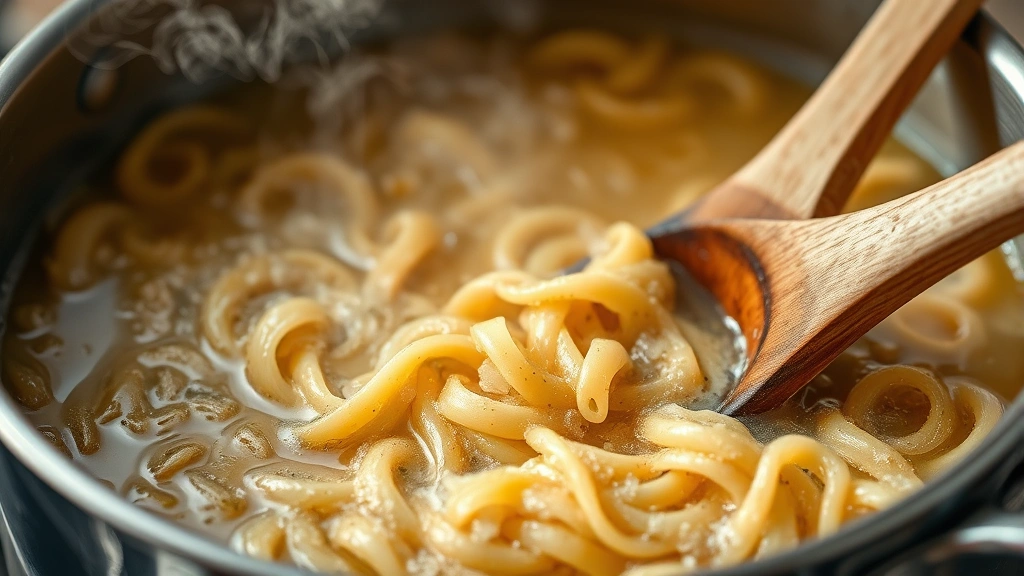 Close-up of bubbling pot of orzo pasta cooking in broth with steam rising, wooden spoon stirring, stainless steel pot, natural kitchen lighting