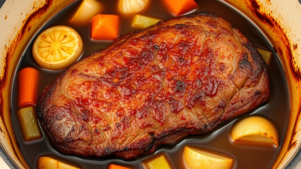 Golden-brown seared brisket in Dutch oven with caramelized crust, surrounded by braising vegetables including quartered onions, carrot chunks, and celery pieces in rich brown liquid