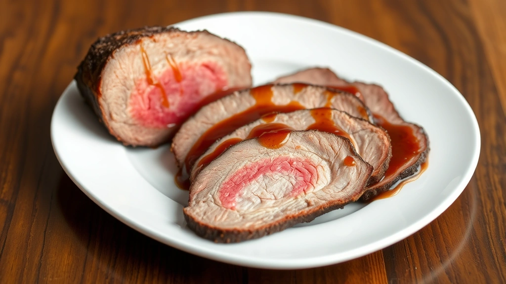 Perfectly sliced brisket against the grain showing tender, juicy interior with pink smoke ring, arranged on white plate with glossy braising sauce drizzled over slices