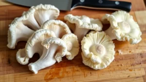 Fresh oyster mushroom clusters with delicate fronds displayed on wooden cutting board with chef's knife, natural daylight, no text or labels