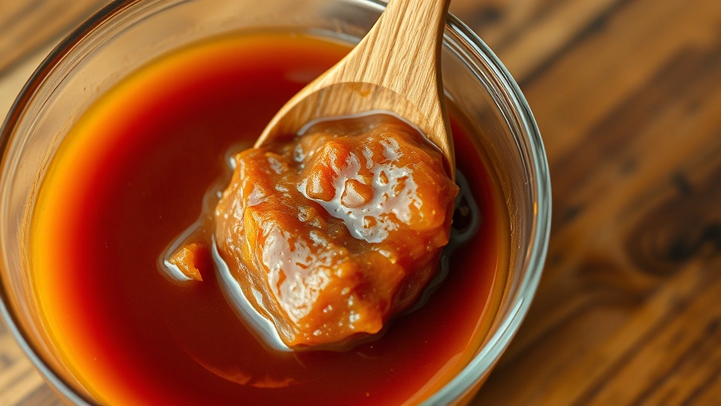 Close-up of tamarind paste being stirred into a clear glass bowl with a wooden spoon, showing the thick brown paste breaking apart in liquid, warm natural lighting, wooden table background