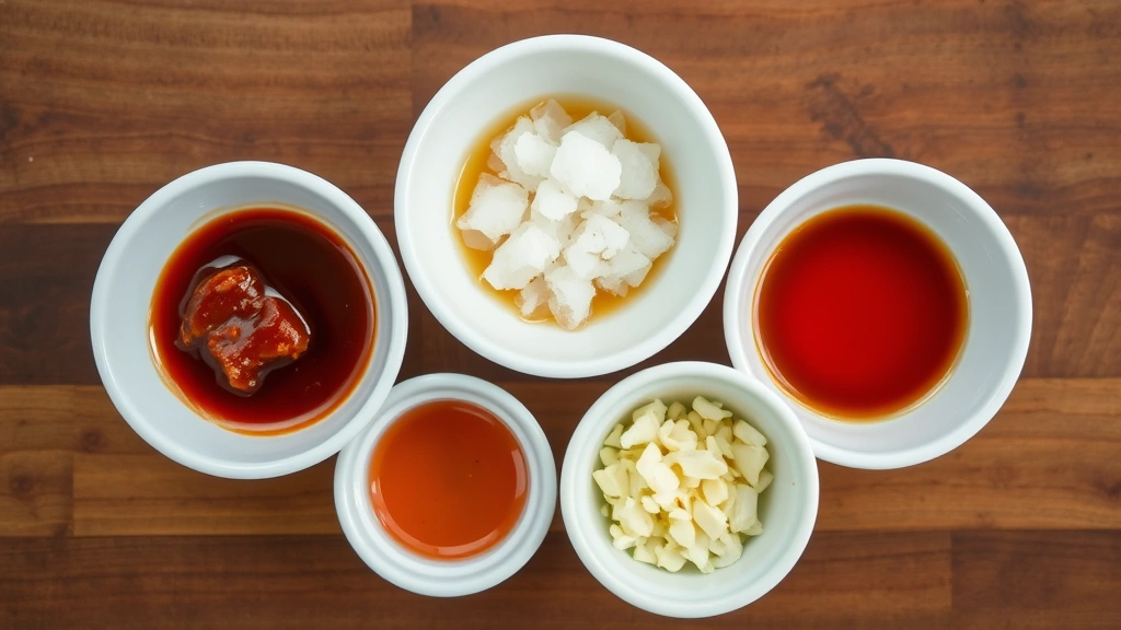 Overhead shot of five small white bowls arranged on a wooden surface containing individual sauce ingredients: tamarind paste, fish sauce, palm sugar crystals, lime juice, and minced garlic, professional kitchen setting