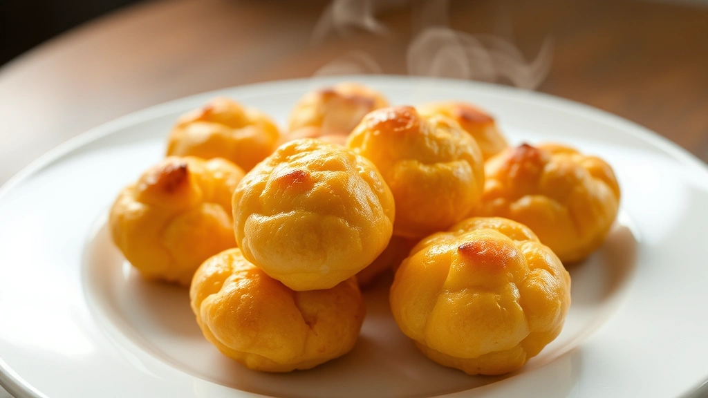 Golden-brown pão de queijo cheese puffs fresh from the oven, glistening with moisture, showing characteristic puffed shape and slight cracking on top, arranged on a white ceramic plate with warm steam rising