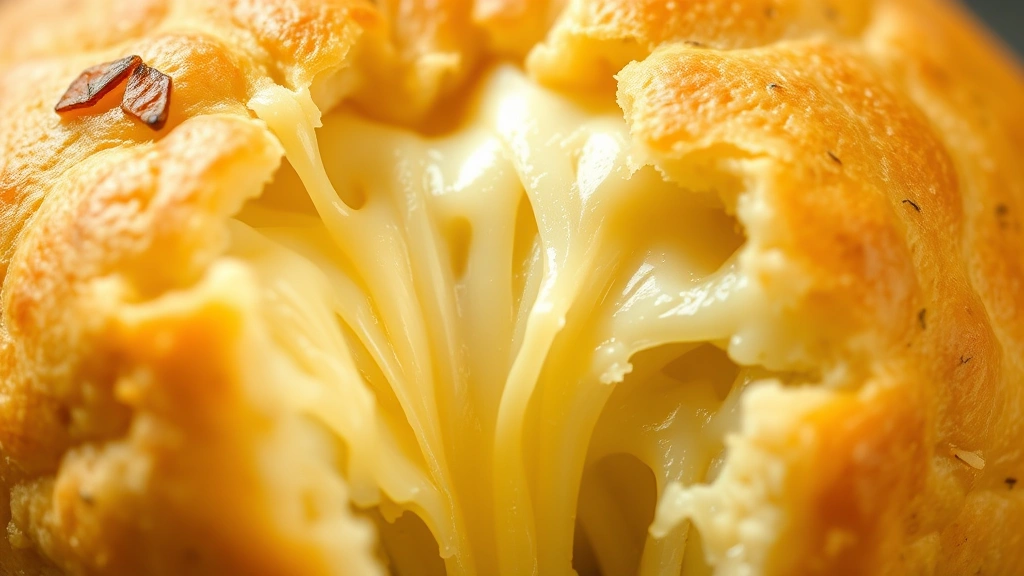 Close-up cross-section of a freshly broken pão de queijo revealing stretchy, elastic cheese-filled interior with melted cheese strands, showing the characteristic chewy texture and air pockets