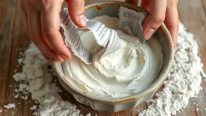 Close-up of hands dipping torn newspaper strips into white flour paste in a shallow ceramic bowl, with strips draped over fingers, natural lighting from above showing paste texture