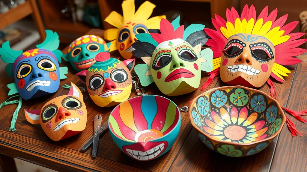 Colorful paper mache masks and decorative bowls in various stages of completion displayed on wooden table, featuring hand-painted designs, acrylic colors, and finished sealant shine