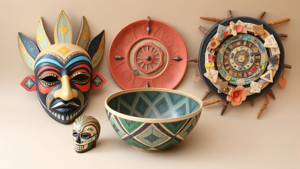 Finished paper mache sculptural pieces including a painted mask with metallic accents, a decorated bowl with geometric patterns, and a textured wall hanging with mixed decorative elements