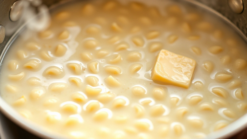 Close-up of pastina cooking in saucepan with milk and broth, small rice-shaped pasta visible in creamy liquid, butter melting on surface, steam rising from pot
