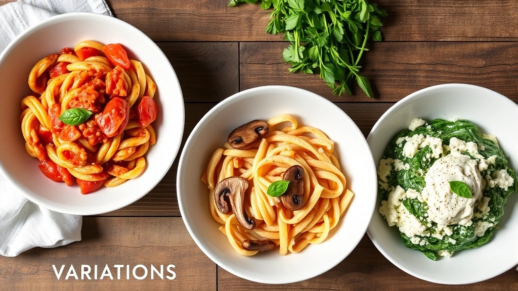 Styled food photography of three variations: tomato pastina, mushroom pastina, and spinach ricotta pastina in separate white bowls arranged on rustic wooden table with fresh herbs nearby