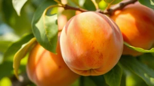 Close-up of ripe golden-orange peaches with slight blush on tree branch with green leaves, soft natural sunlight creating depth of field, photorealistic food photography style