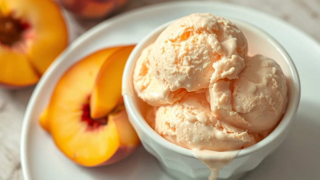 Creamy pale peachy-pink homemade ice cream in white ceramic bowl with fresh peach slices arranged beside it, soft summer daylight, melting slightly at edges showing texture, photorealistic