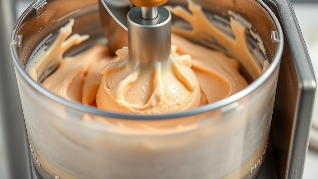 Ice cream maker with churning paddle actively mixing pale peach-colored custard mixture, metal machine with frozen mixture visible, action shot showing texture and movement, professional food photography