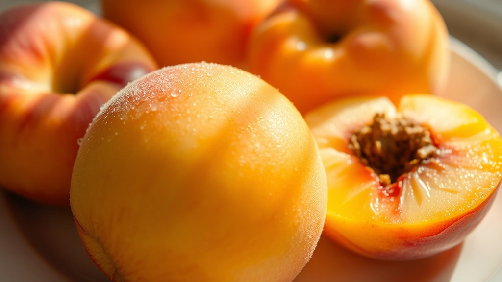 Close-up of perfectly ripe golden peaches with blush coloring, slightly moist from morning dew, arranged on a white ceramic plate with one cut in half showing the pit, natural sunlight streaming across the surface, shallow depth of field focusing on the fruit's fuzzy texture