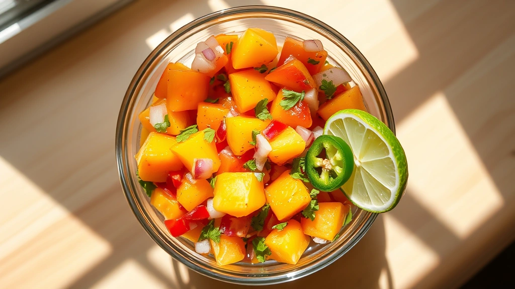Vibrant fresh peach salsa in a clear glass bowl showing distinct diced peach chunks, red onion pieces, green cilantro, and jalapeño bits, garnished with lime wedge on the rim, photographed from above with natural window light creating shadows that highlight the chunky texture