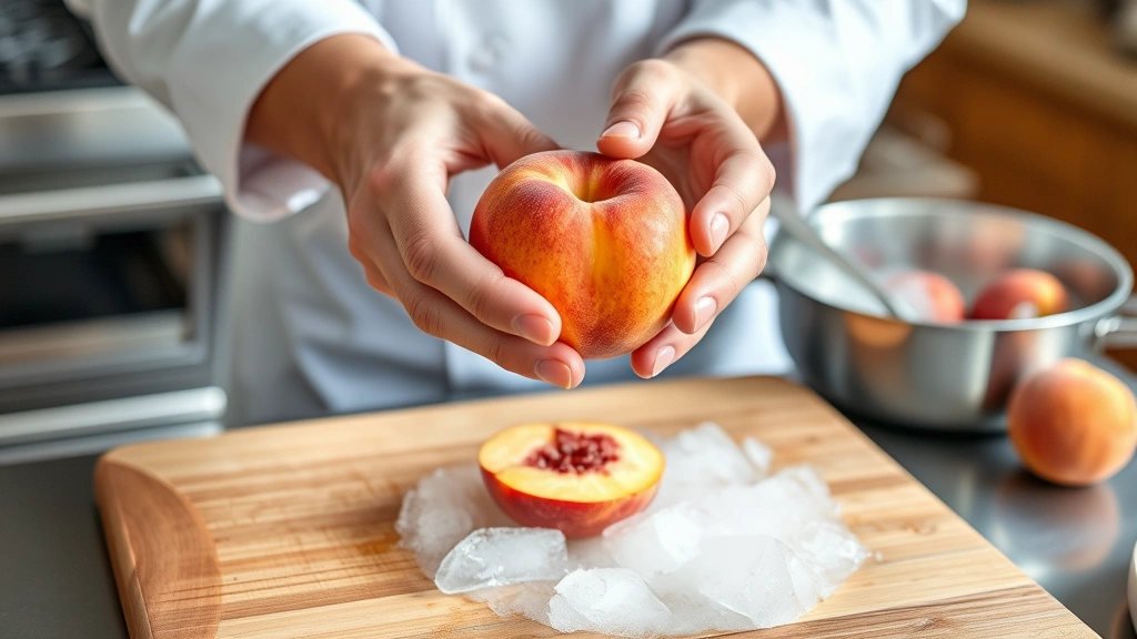 Chef's hands holding a fresh peach over a wooden cutting board, demonstrating the blanching technique with a bowl of ice water visible in background, steam rising slightly from a pot, showing the practical preparation process in a professional kitchen setting with natural light