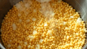 Golden toasted pearl couscous grains in a stainless steel pot with diced onions and garlic, steam rising from the mixture, professional kitchen lighting