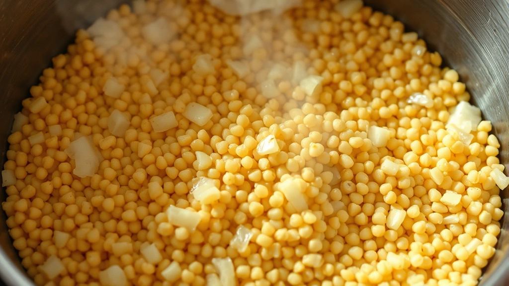 Golden toasted pearl couscous grains in a stainless steel pot with diced onions and garlic, steam rising from the mixture, professional kitchen lighting