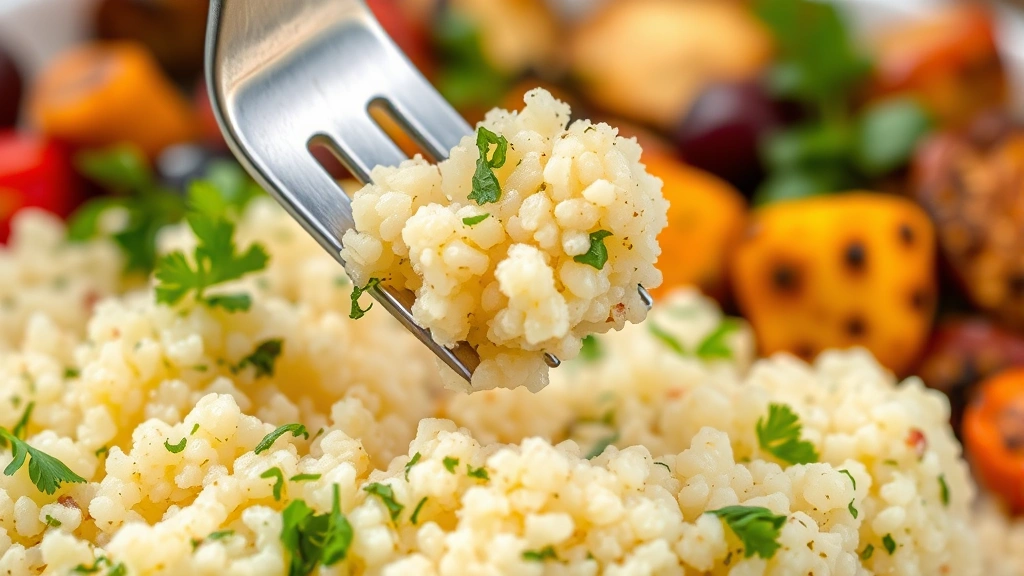 Fluffy couscous being fluffed with a fork, showing individual separated grains, garnished with fresh green herbs and colorful roasted vegetables in background