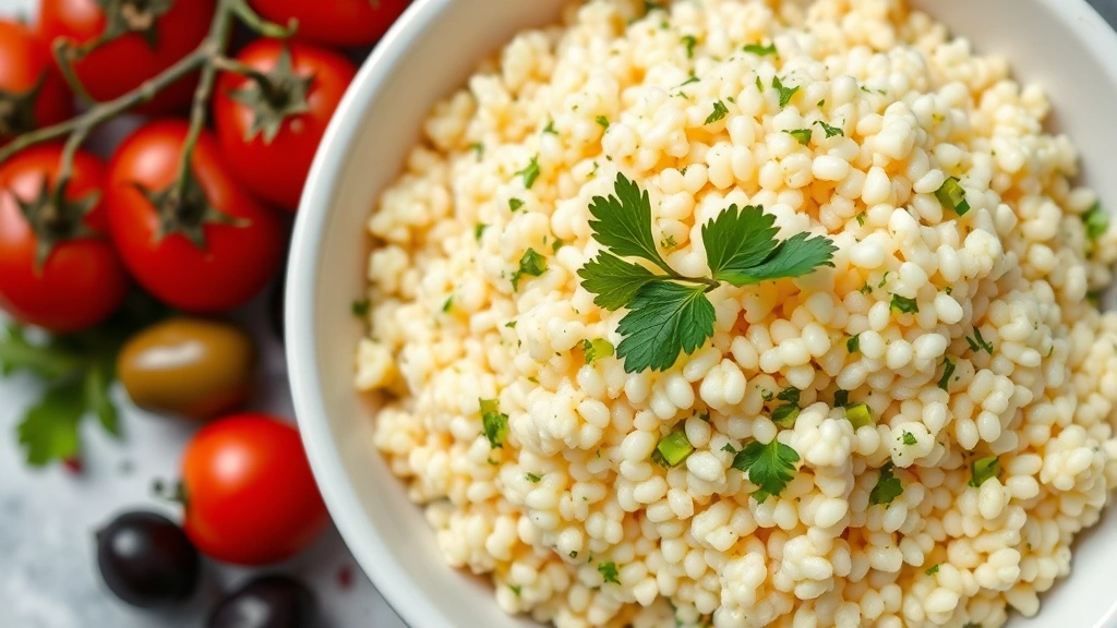 Finished pearl couscous dish served in a white ceramic bowl, topped with fresh parsley and mint, surrounded by Mediterranean ingredients like olives and tomatoes