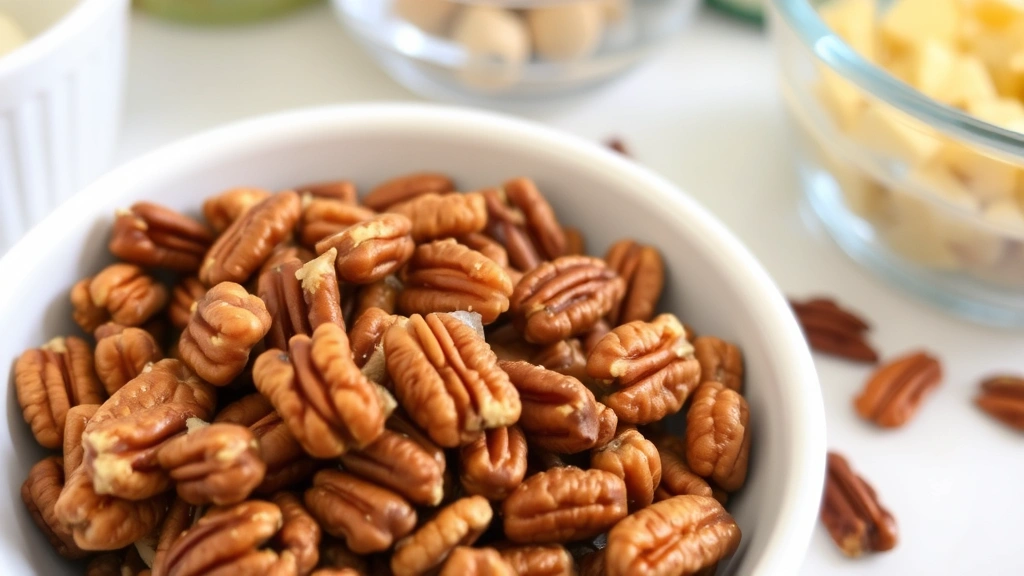 Close-up of toasted pecan halves in a small white bowl, golden-brown color, steam slightly visible, on a light kitchen counter with baking ingredients nearby