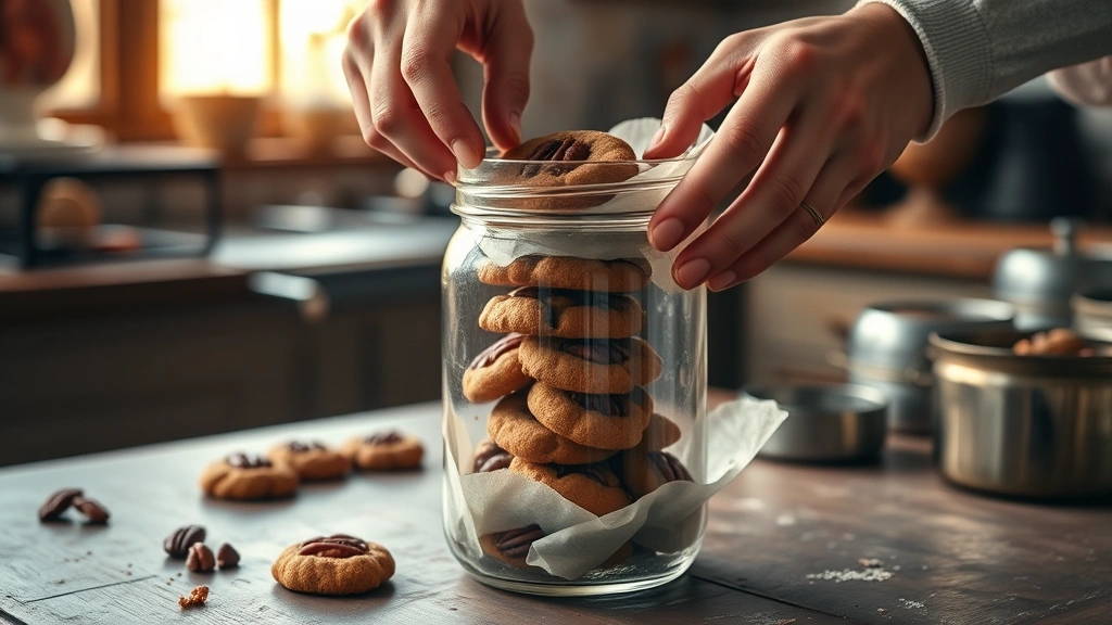Hands placing warm pecan sandie cookies into a clear glass jar lined with parchment paper, warm golden light, rustic kitchen setting with vintage aesthetic