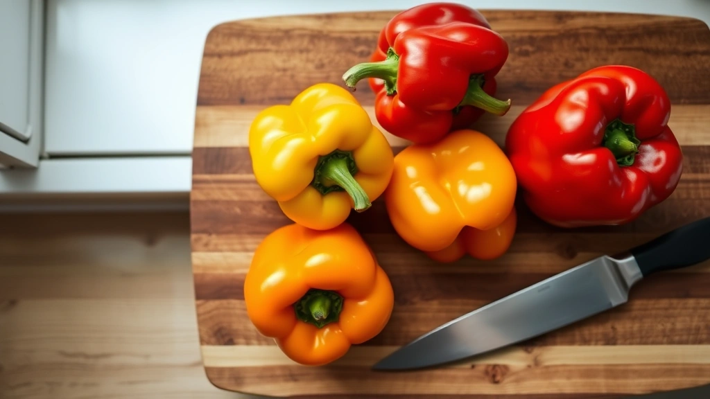 Overhead shot of vibrant red, yellow, and orange bell peppers arranged on wooden cutting board with sharp chef's knife nearby, natural window lighting, fresh and raw