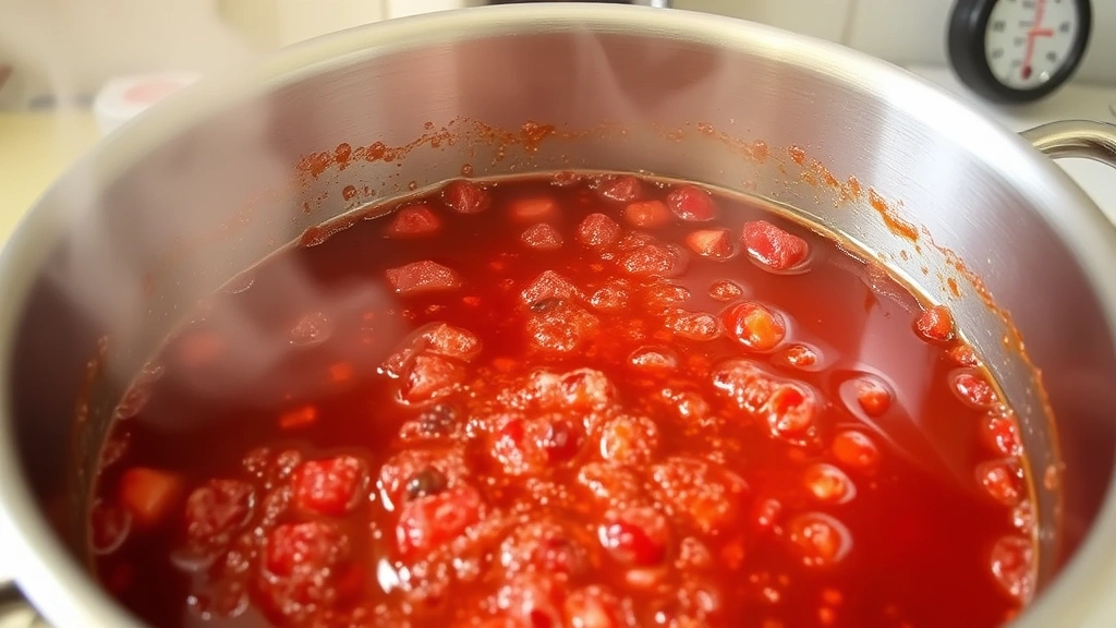 Close-up of bubbling pepper jelly mixture at rolling boil in stainless steel pot, deep red color with visible pepper pieces, steam rising, kitchen thermometer visible in background
