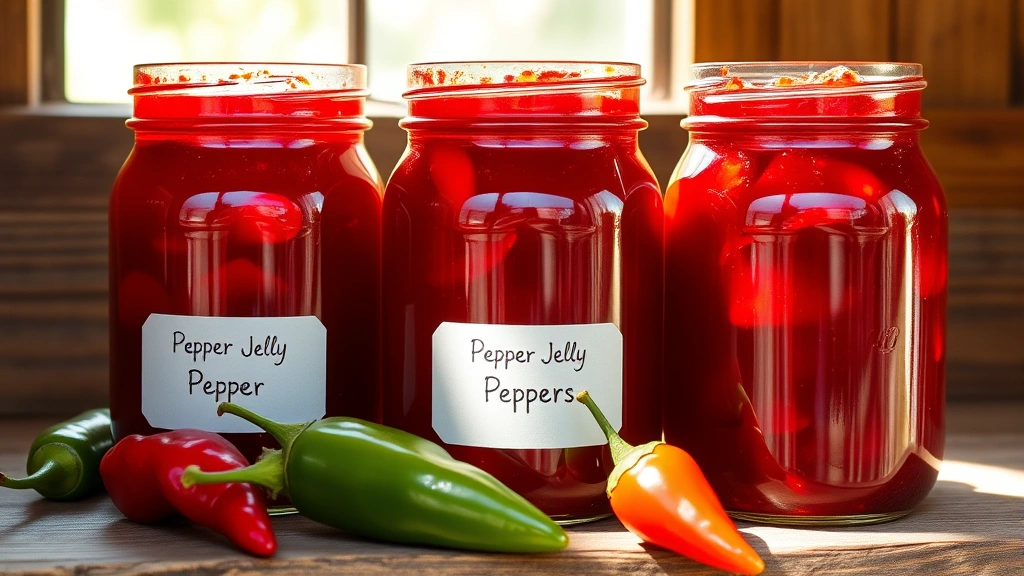 Three glass jars of finished pepper jelly with deep ruby-red color, natural light streaming through, jars sealed and labeled, sitting on rustic wooden shelf with fresh peppers beside