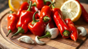 Close-up of vibrant red peri peri peppers and fresh garlic cloves on a wooden cutting board with lemon wedges, natural daylight, photorealistic food photography