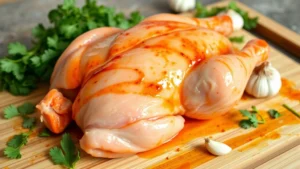 Whole marinated raw chicken glistening with vibrant orange-red ají pepper marinade coating, fresh garlic cloves and cilantro scattered on cutting board, natural kitchen lighting