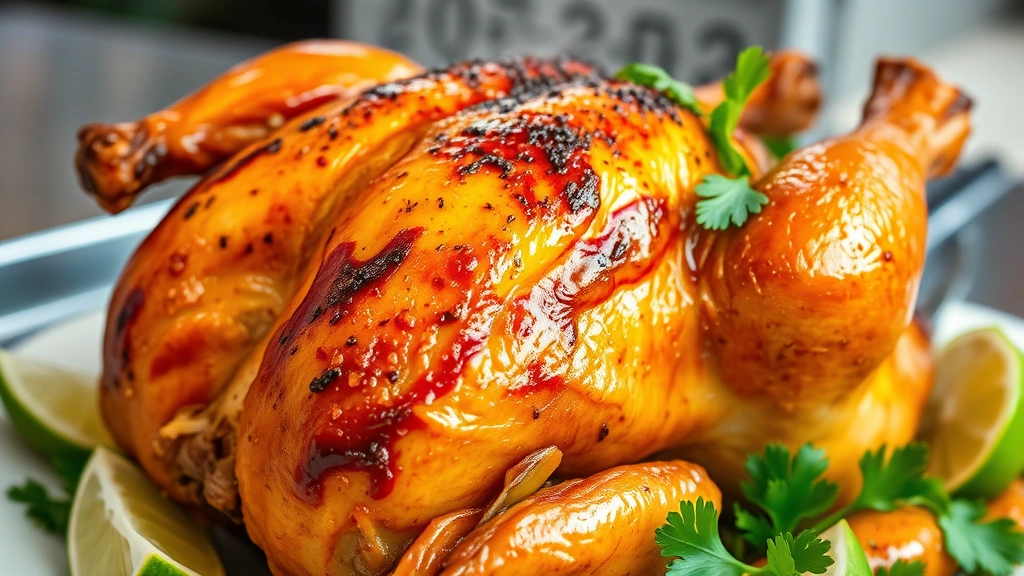 Golden-brown rotisserie chicken with crackling mahogany skin, juices glistening, fresh lime wedges and cilantro garnish, steam rising from perfectly cooked bird