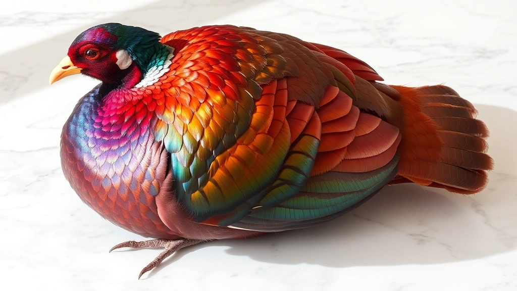 Whole raw pheasant with iridescent plumage and vibrant head feathers on white marble countertop, natural lighting