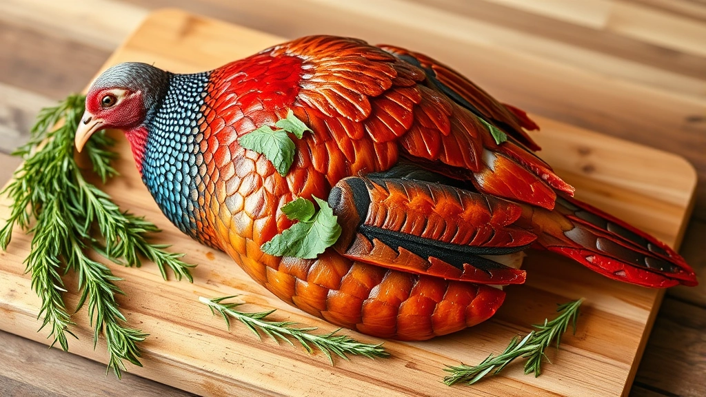 Whole raw pheasant bird with vibrant plumage lying on a wooden cutting board with fresh thyme and rosemary sprigs scattered around, natural kitchen lighting