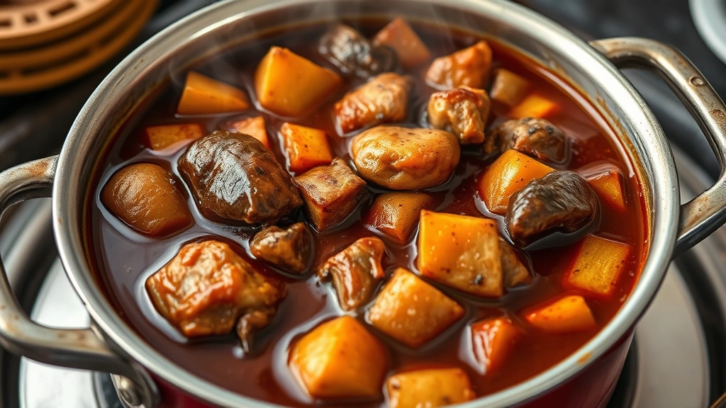 Bubbling pot of pheasant stew with golden-brown meat pieces, caramelized root vegetables, and glossy burgundy broth, steam rising