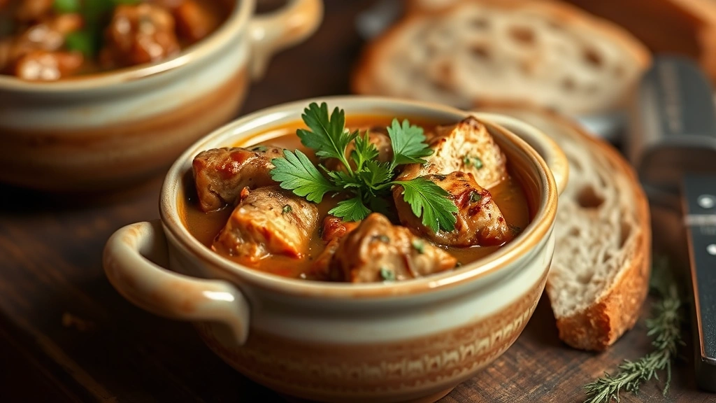Finished pheasant stew in rustic ceramic bowls garnished with fresh parsley and thyme sprigs, crusty bread on side, warm lighting
