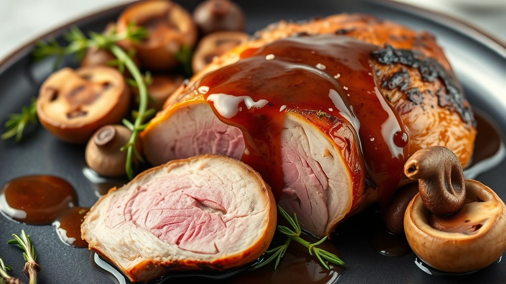 Pan-seared pheasant breast sliced to show pink interior with rich brown pan sauce drizzled over, served on a dark plate with mushrooms and fresh thyme garnish