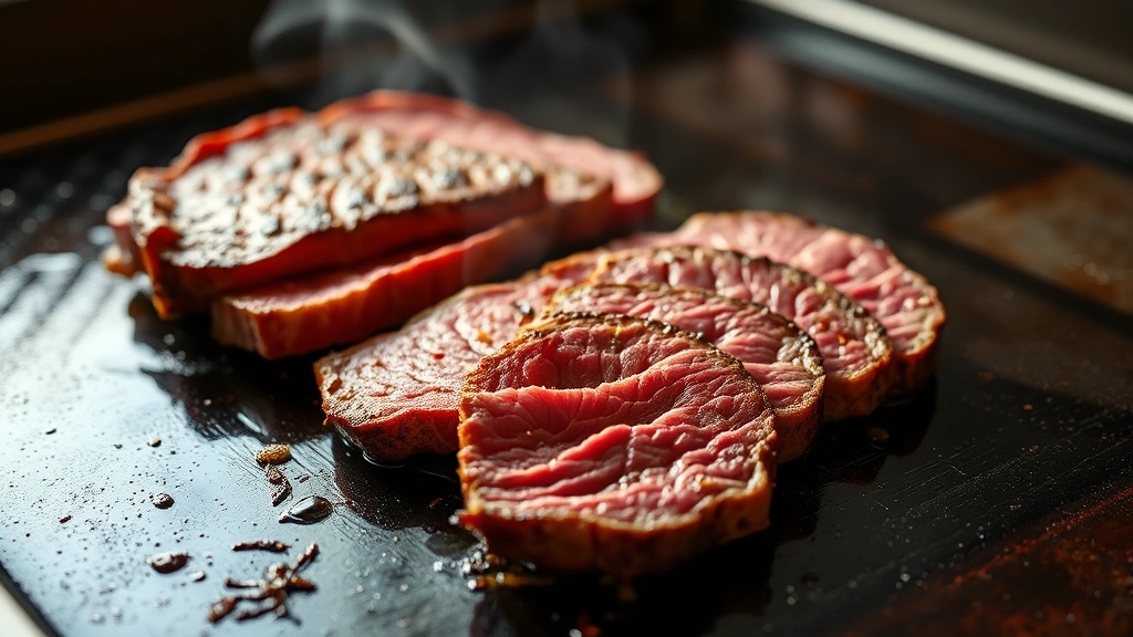 Thin-sliced ribeye beef sizzling on a hot griddle with visible steam rising, showing golden-brown crust development and caramelized edges, professional food photography