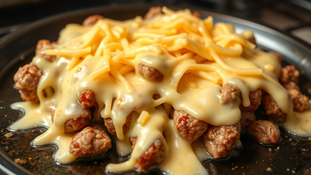 Melted provolone and Cheez Whiz cheese coating perfectly cooked beef pieces on a hot cooking surface, creamy and glossy texture visible, close-up shot
