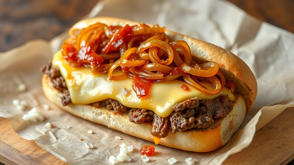 Finished Philly cheese steak sandwich on toasted hoagie roll topped with caramelized golden onions, beef and melted cheese visible, served on parchment paper with steam rising