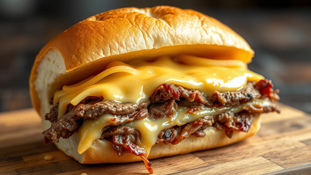 Freshly assembled Philly cheesesteak sandwich on Italian hoagie roll with melted cheese and onions visible, cross-section view showing interior layers