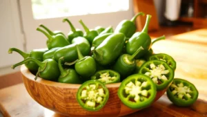 Fresh bright green jalapeño peppers in a wooden bowl on a rustic kitchen counter, sunlight streaming across them, some whole and some sliced showing vibrant interior