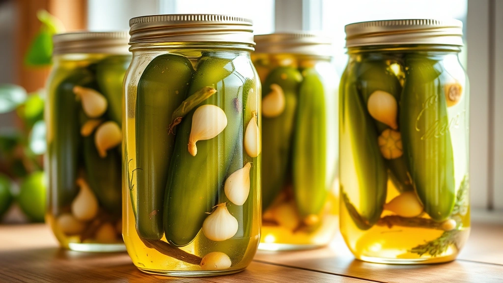 Glass jars filled with layered pickled jalapeños and visible garlic cloves, mustard seeds, and herbs, sitting on a wooden surface with natural window light highlighting the translucent brine