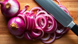 Overhead shot of fresh red onions being sliced into thin rings on a wooden cutting board with a sharp chef's knife, natural morning light, close-up detail of knife blade meeting onion