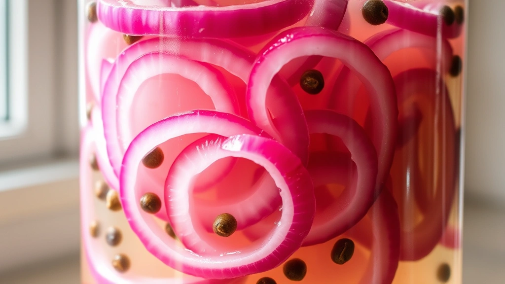 Vibrant red onion rings submerged in clear vinegar brine with visible peppercorns and spices, photographed in natural window light through a glass jar showing the glossy, translucent onions
